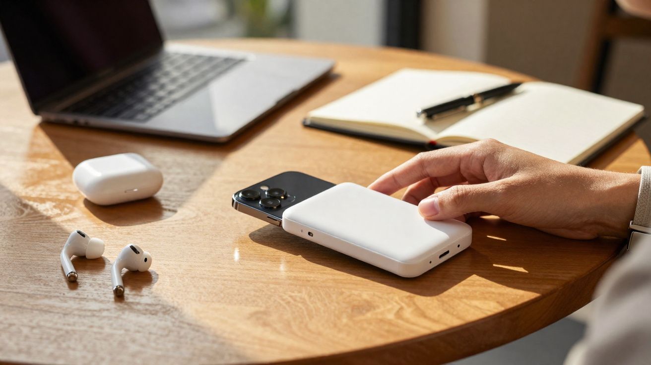 Mesa de madeira com notebook, fones sem fio, celular, power bank branco e mão segurando o carregador.