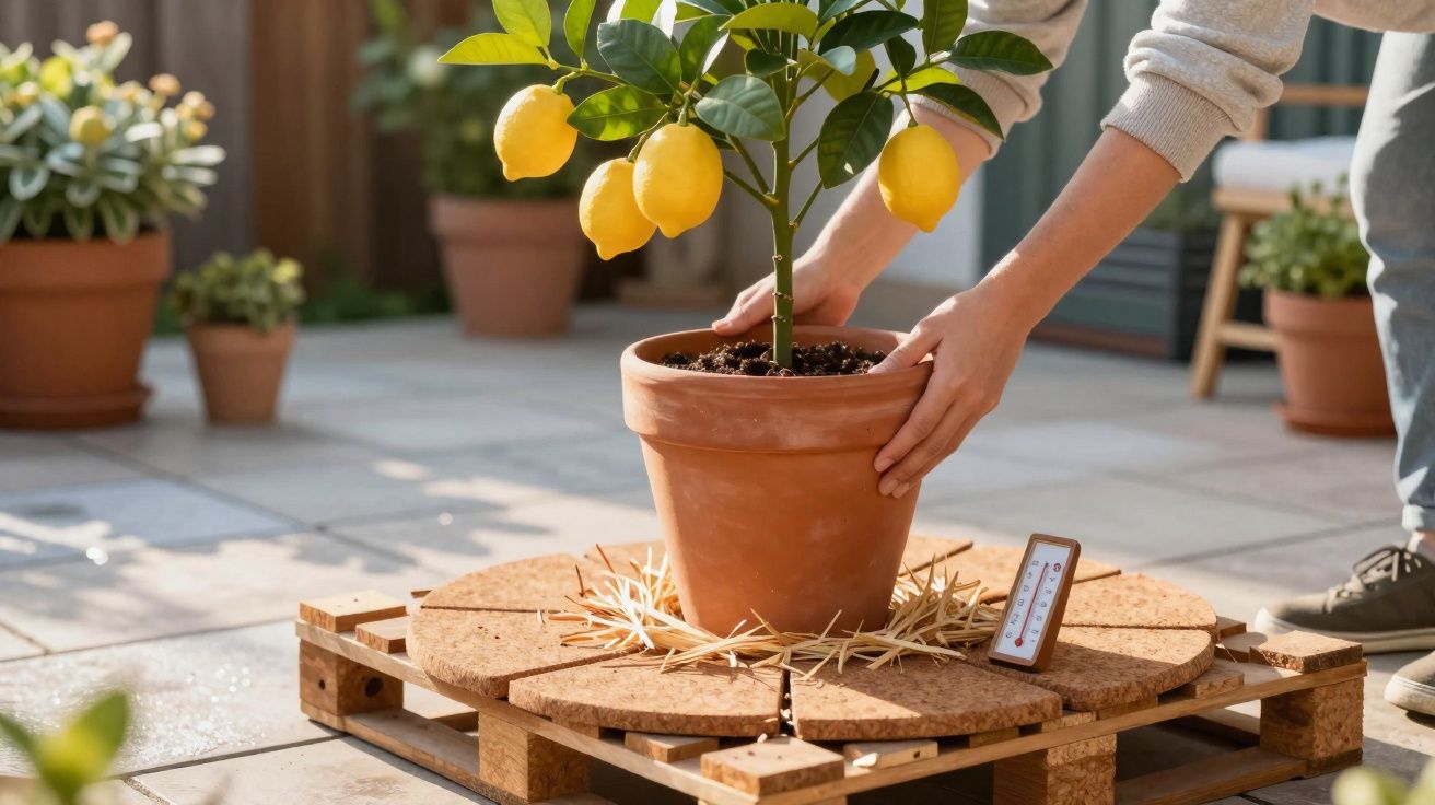 Pessoa posicionando vaso com limoeiro em palete de madeira sob luz natural em jardim.