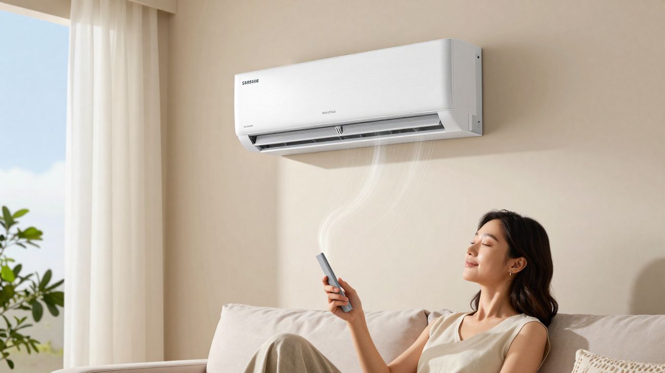 Mulher relaxando no sofá usando controle remoto para ligar ar-condicionado branco na parede.