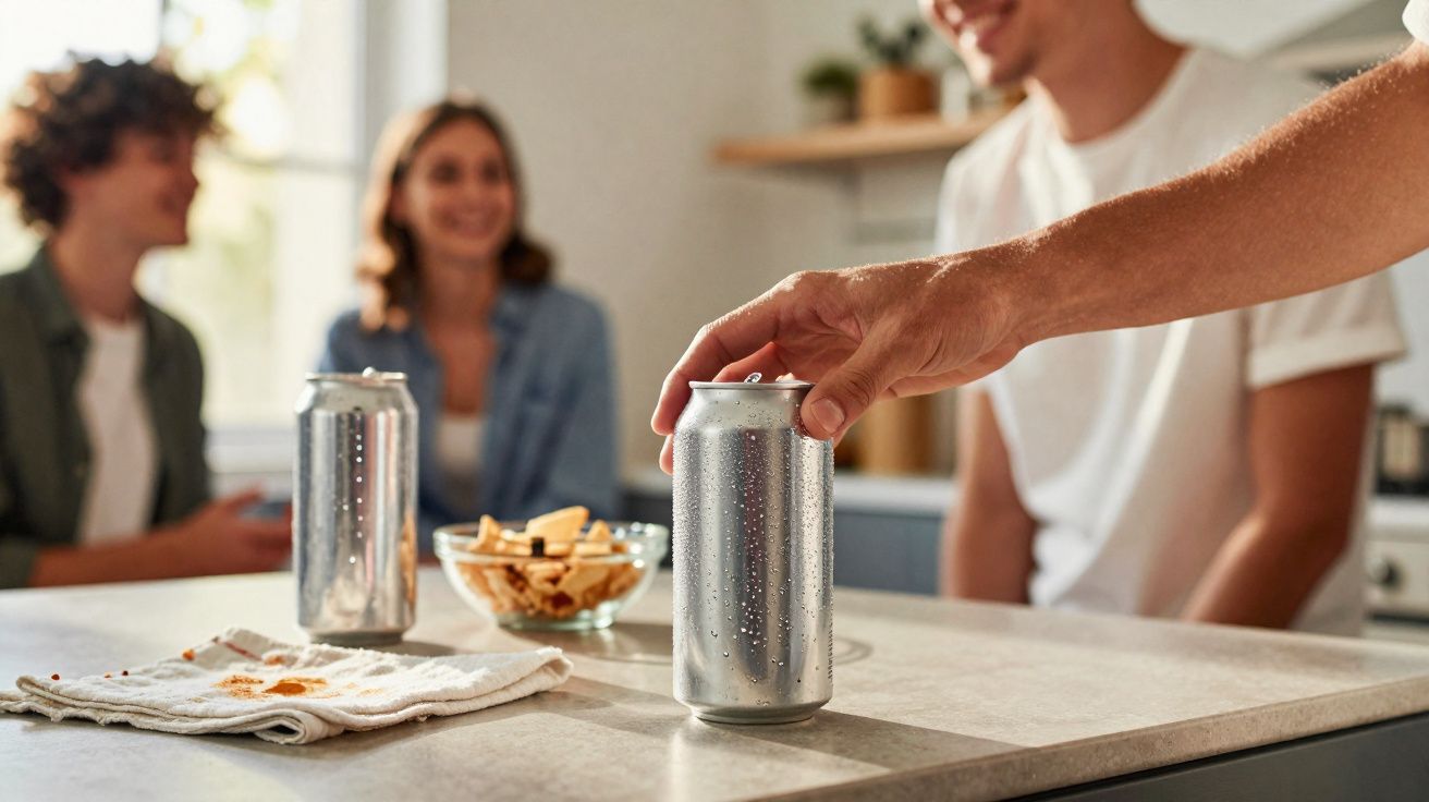 Mão pegando lata de bebida gelada sobre balcão com petiscos, enquanto grupo conversa ao fundo.