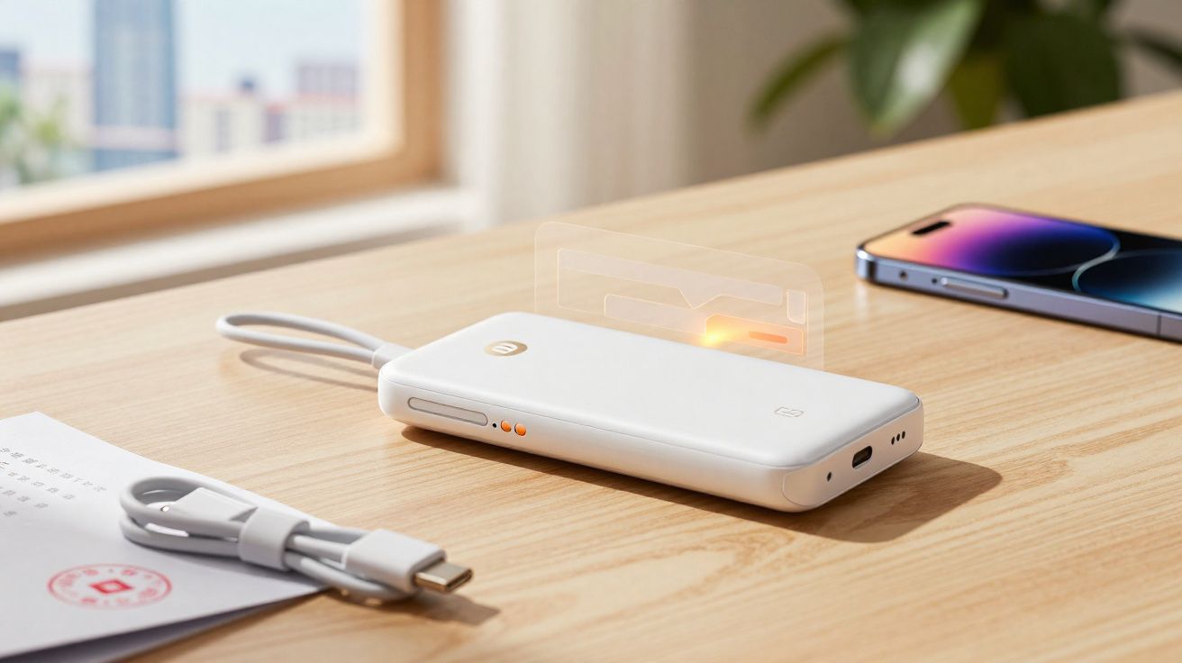 Carregador portátil branco com cartão próximo a cabo USB-C e smartphone sobre mesa de madeira.