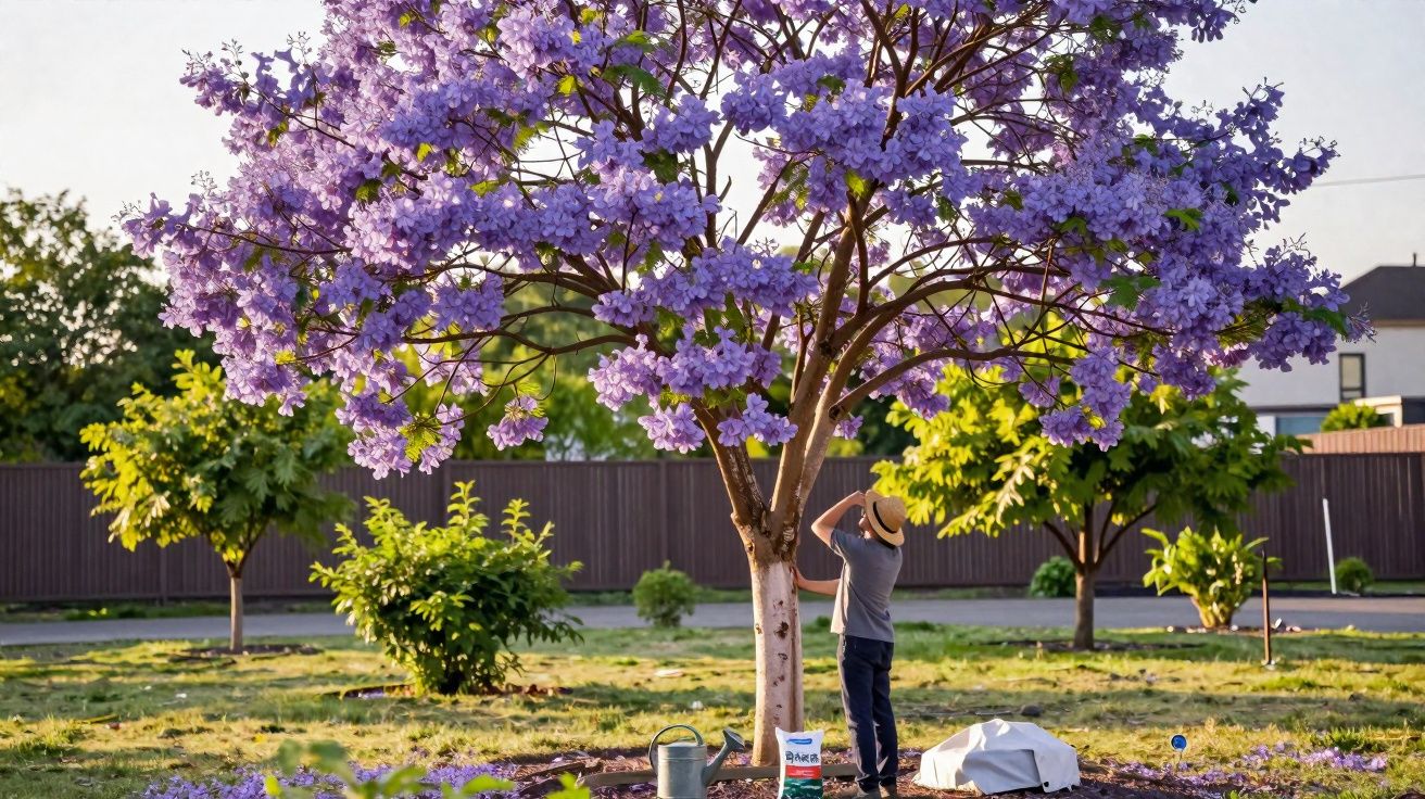 Pessoa com chapéu regando e cuidando de árvore florida roxa em área gramada de bairro residencial.