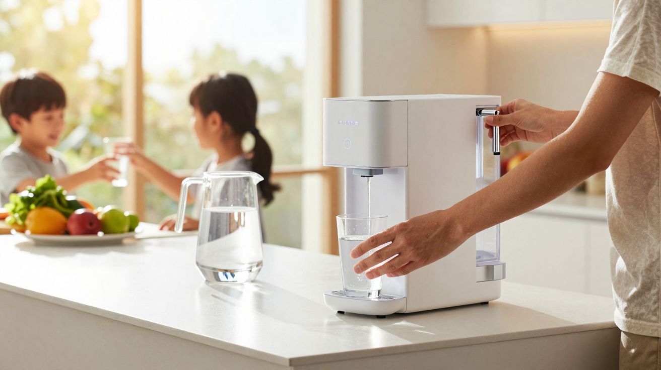 Pessoa enchendo copo com água em purificador, com duas crianças ao fundo na cozinha iluminada.