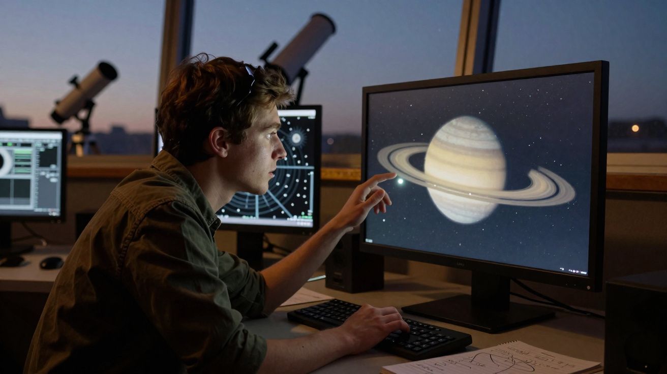 Jovem estudando imagem digital do planeta Saturno em computador em laboratório de astronomia à noite.