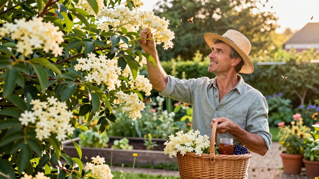 Homem colhendo flores brancas com cesta em jardim ensolarado e borboletas ao redor.