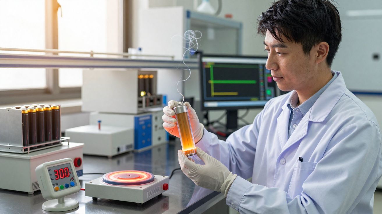 Cientista em jaleco segurando tubo de ensaio quente em laboratório com equipamentos e computador ao fundo.