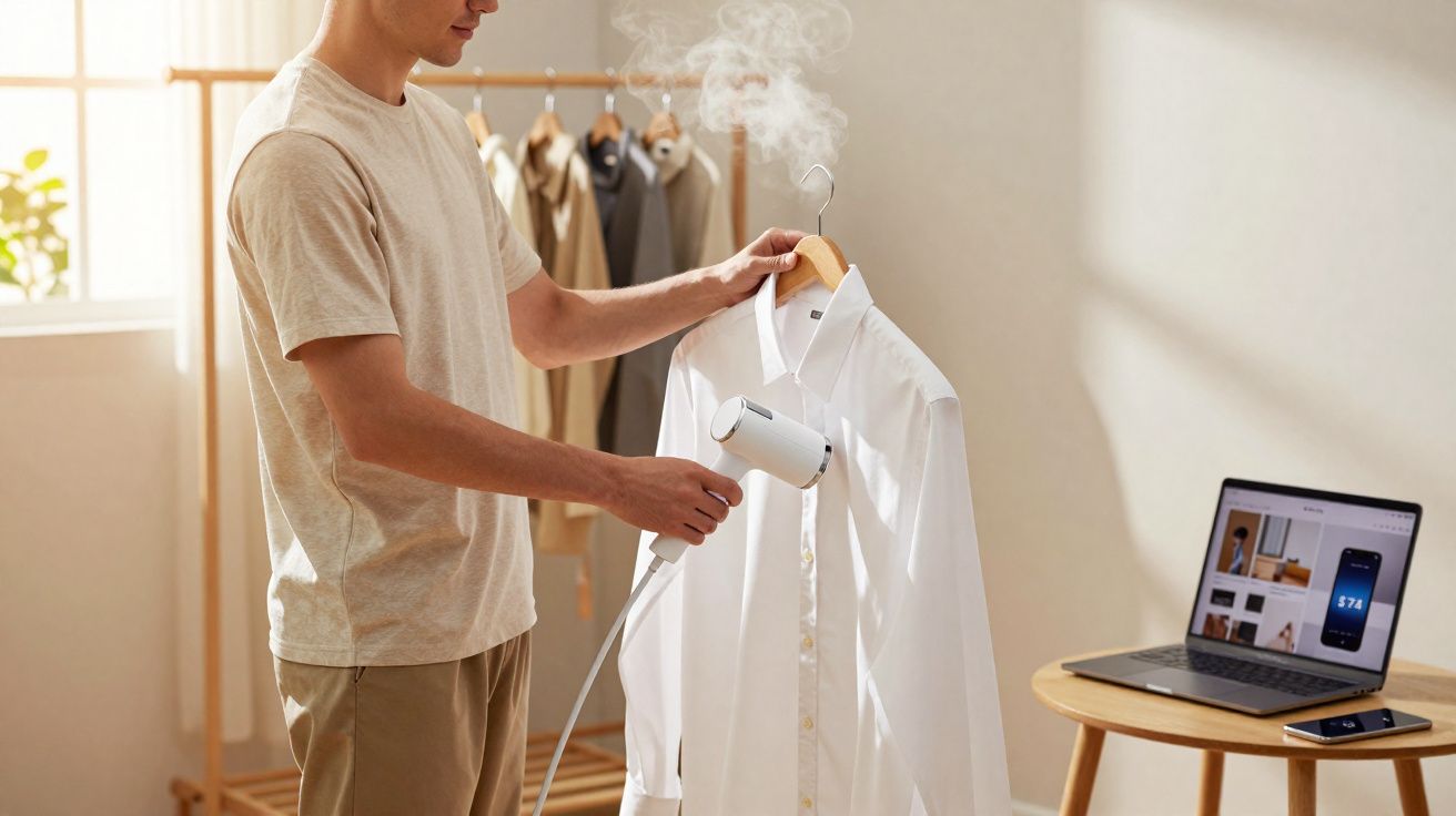 Homem passando vapor em camisa branca pendurada em cabide em ambiente iluminado e com laptop ao lado.
