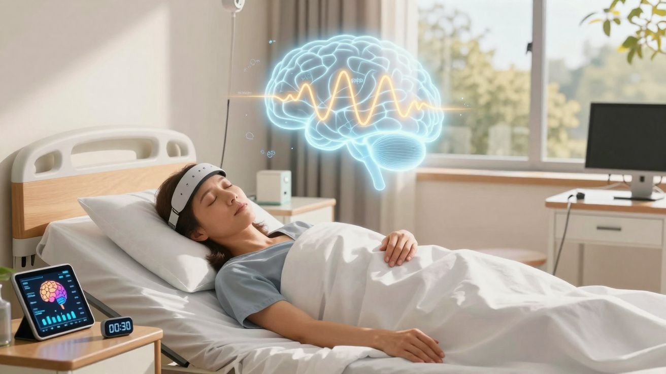 Pessoa dormindo em hospital com monitoramento cerebral digital projetado acima da cabeça.