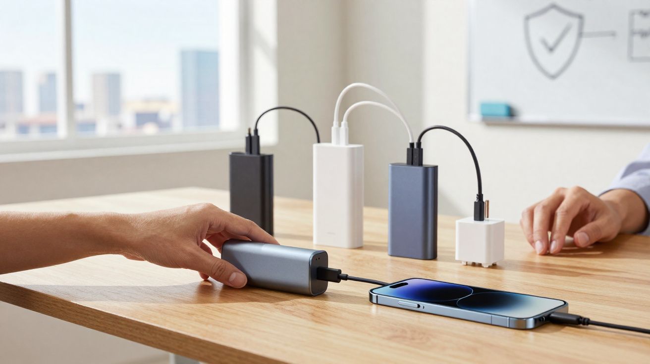 Mãos conectando power banks e celular sobre mesa de madeira em ambiente claro de escritório.