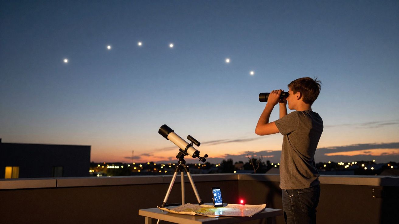 Menino observando o céu ao entardecer com binóculos próximo a telescópio e mapas em uma mesa.