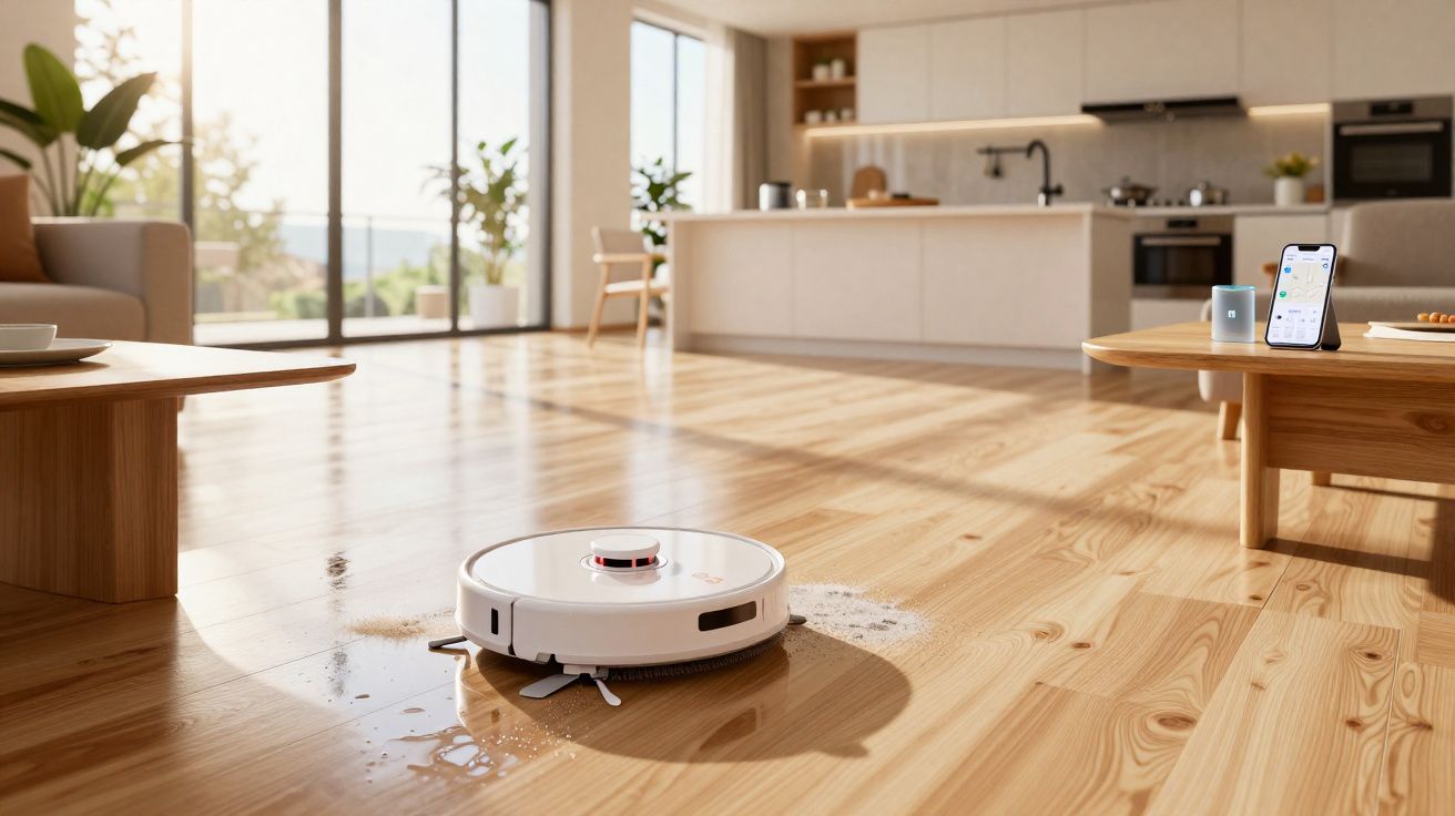 Robô aspirador limpando piso de madeira em sala ampla com móveis claros e janelas de vidro.