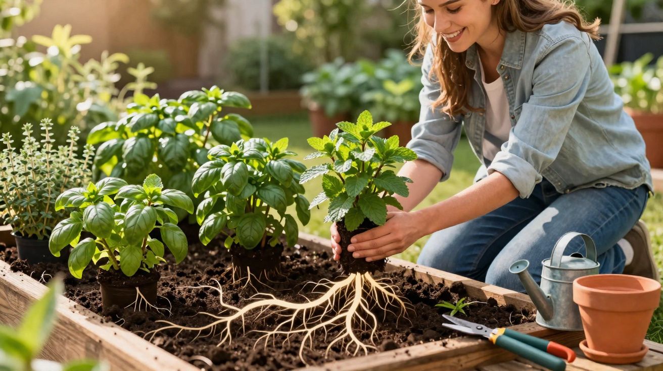 Mulher sorridente plantando ervas em canteiro de madeira no jardim ensolarado.