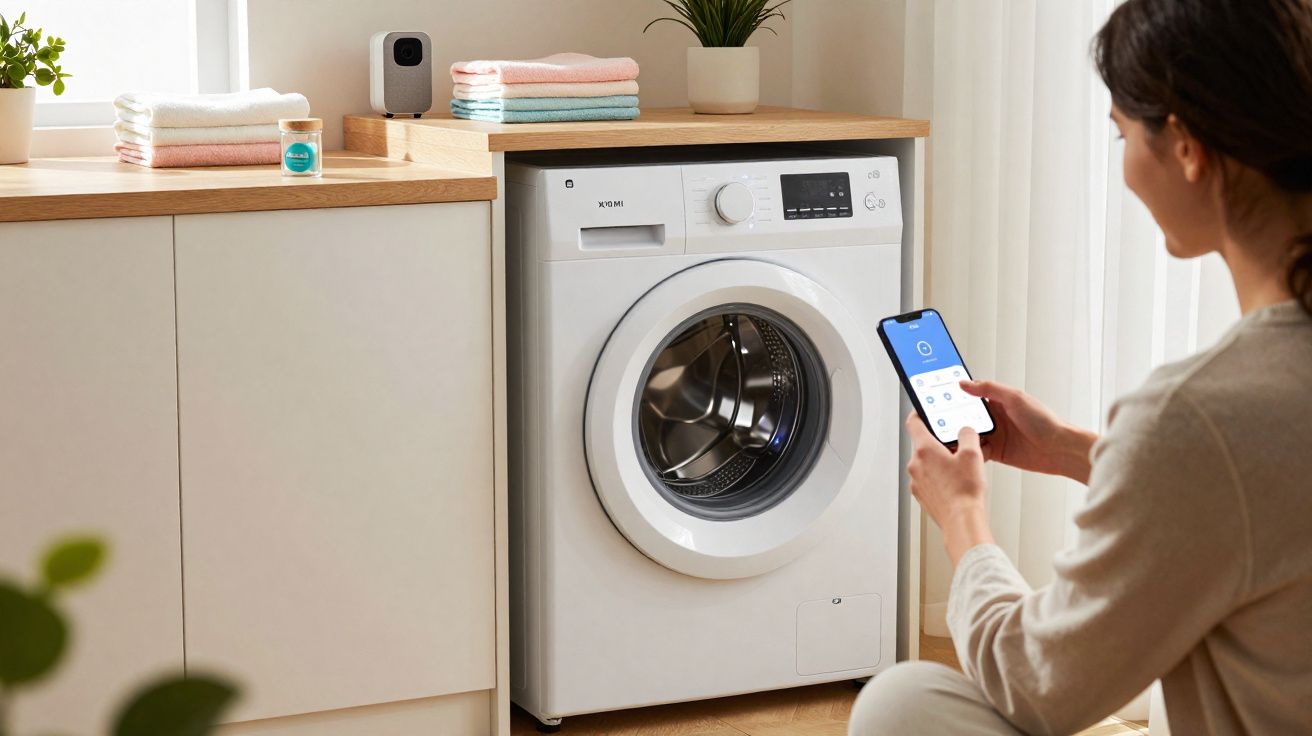 Mulher usando smartphone para controlar lavadora de roupa branca em lavanderia iluminada.