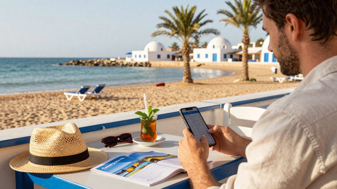 Homem usando celular em mesa na praia com chapéu, revista e bebida, ao fundo casas brancas e palmeiras.