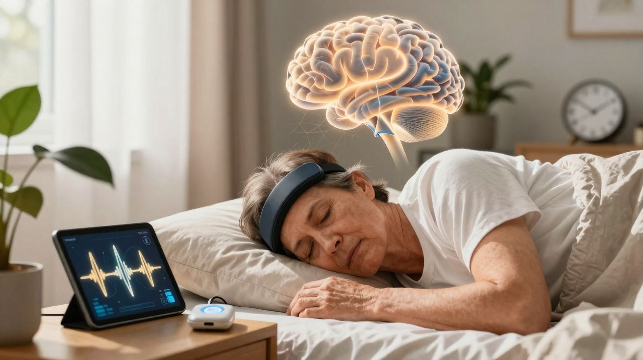 Mulher idosa dormindo com faixa na cabeça monitorando atividade cerebral em dispositivo ao lado da cama.