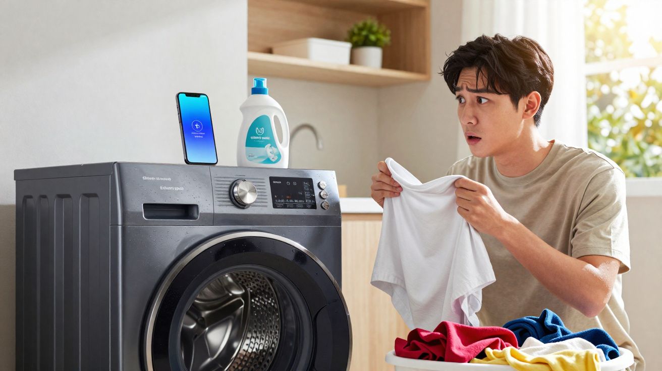 Homem surpreso segurando camisa branca perto de máquina de lavar e cesta com roupas coloridas.