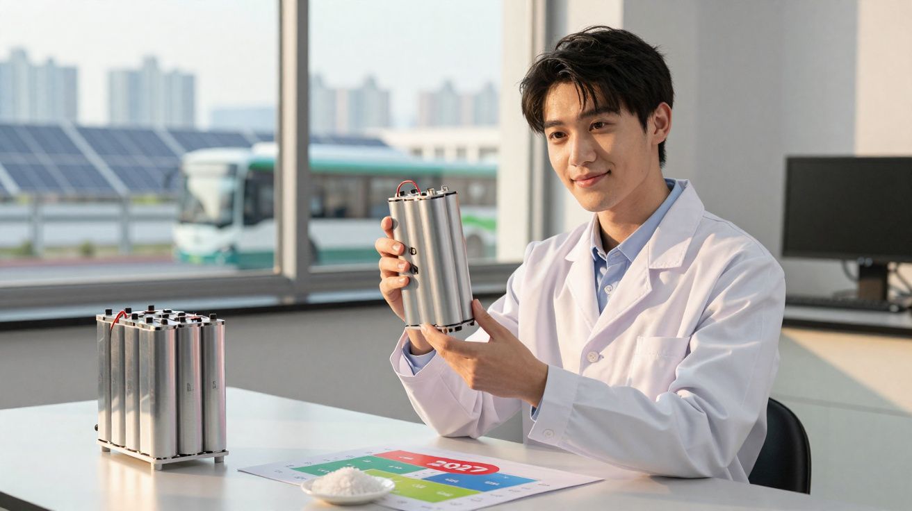 Homem em jaleco segurando bateria cilíndrica em laboratório com painéis solares ao fundo.