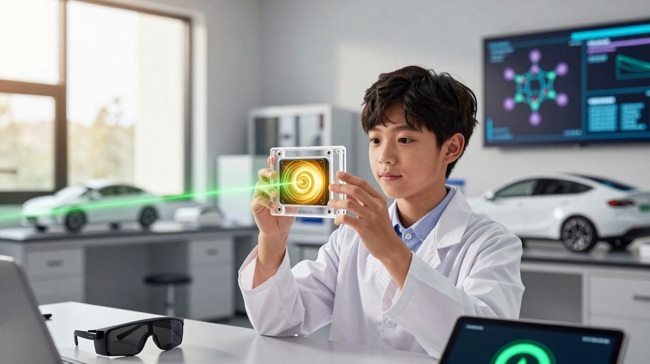 Menino em jaleco branco segurando aparelho com luz verde em laboratório moderno com carros e computador.