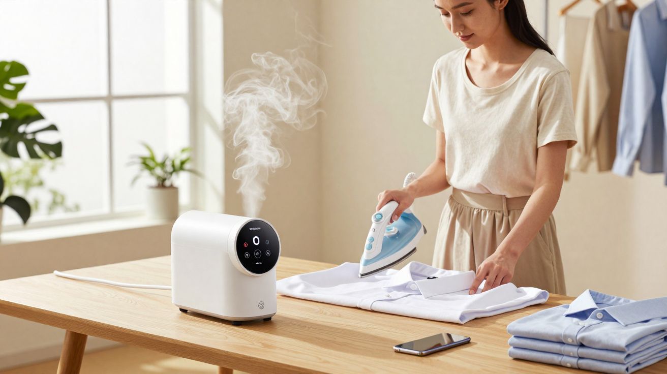 Mulher passando camisa branca com ferro a vapor, umidificador em cima da mesa emitindo vapor.