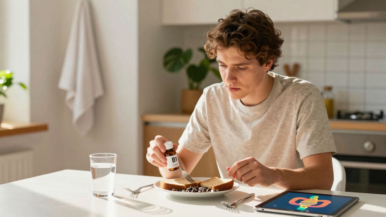 Jovem sentado à mesa numa cozinha, tomando pílula de um frasco com um copo d’água e pão no prato.