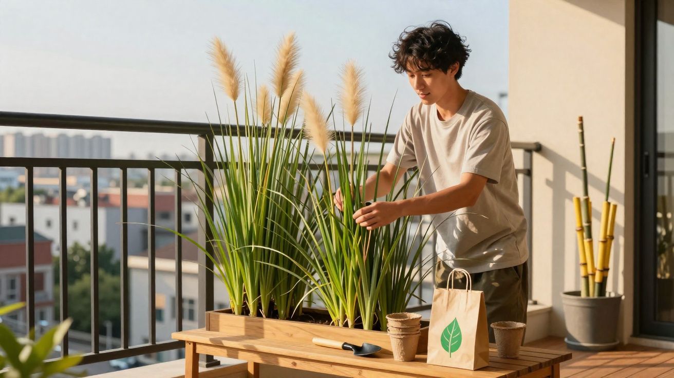 Jovem cuidando de plantas altas em vaso sobre bancada de madeira em varanda iluminada pelo sol.