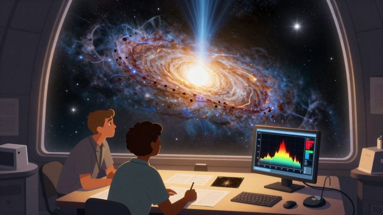Dois cientistas observam uma galáxia brilhante e comjetiva gigante através de uma janela de laboratório.