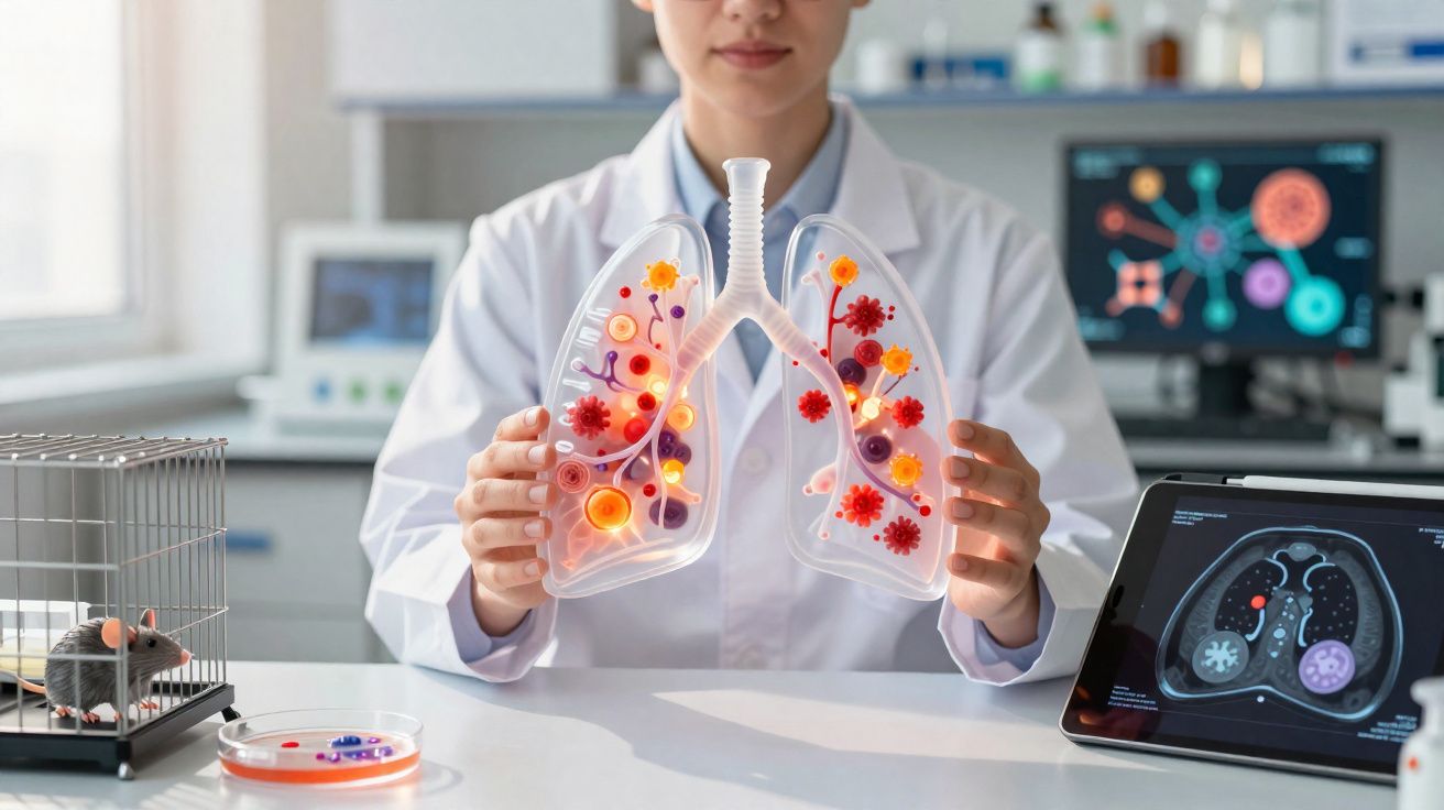 Pesquisadora com modelo transparente de pulmões infectados por vírus em laboratório científico.