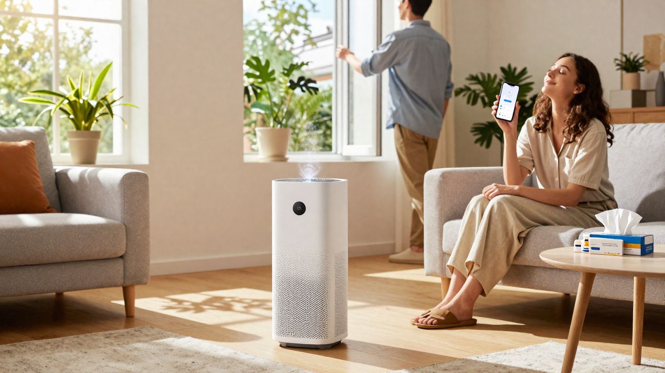 Pessoa sentada no sofá segurando celular, purificador de ar ligado no centro da sala iluminada.