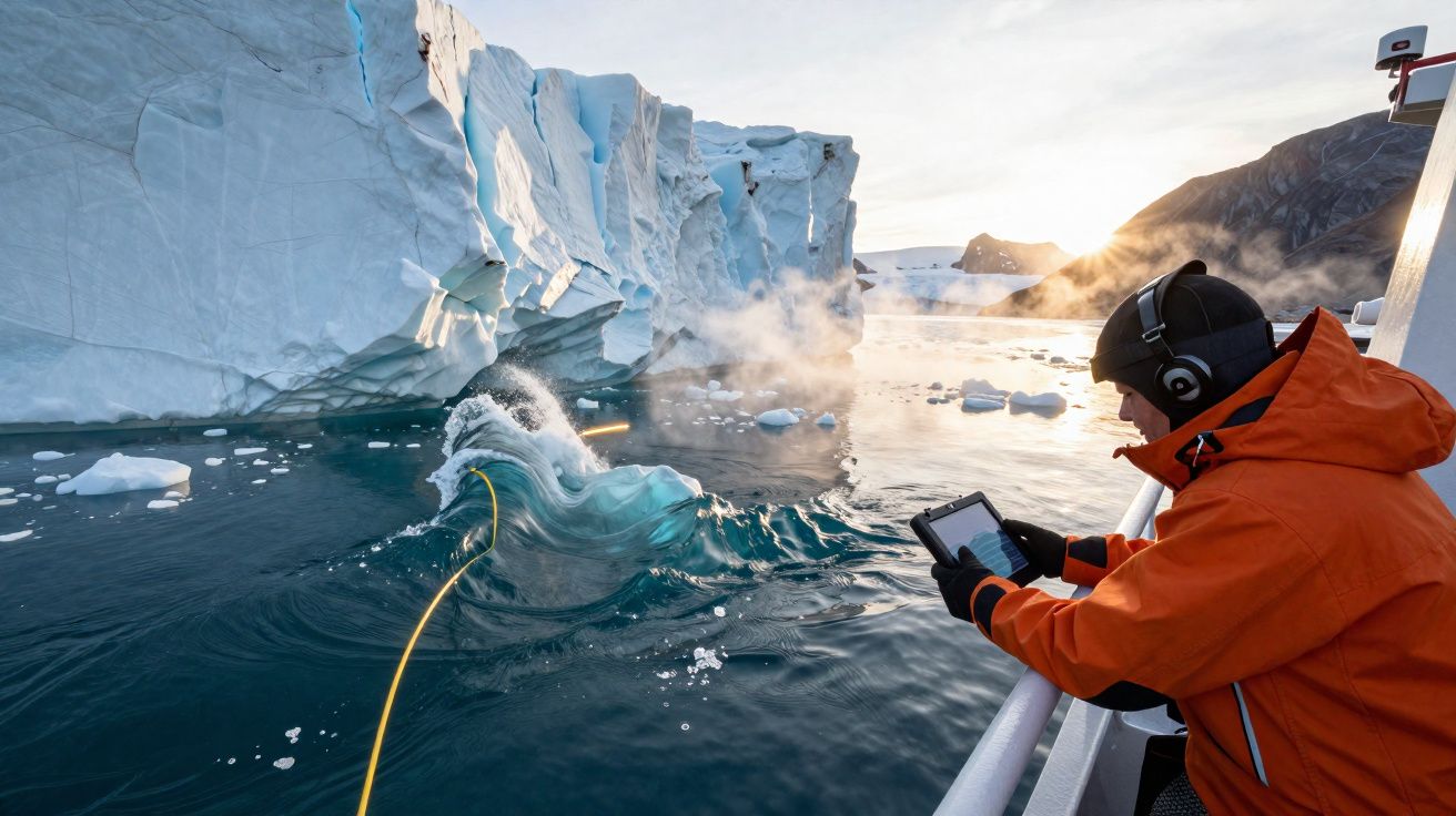 Pessoa com jaqueta laranja coleta amostra de água perto de geleira em ambiente gelado e ensolarado.