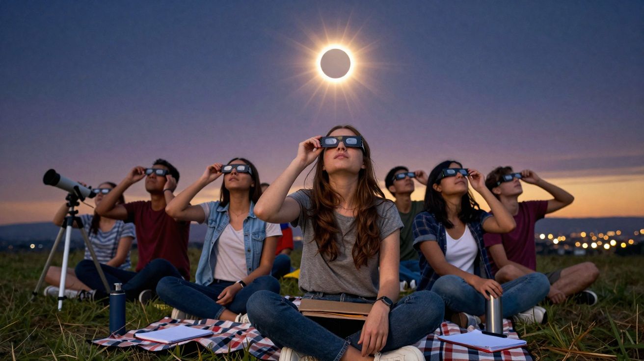 Grupo de jovens sentados ao ar livre usando óculos para observar eclipse solar ao entardecer.
