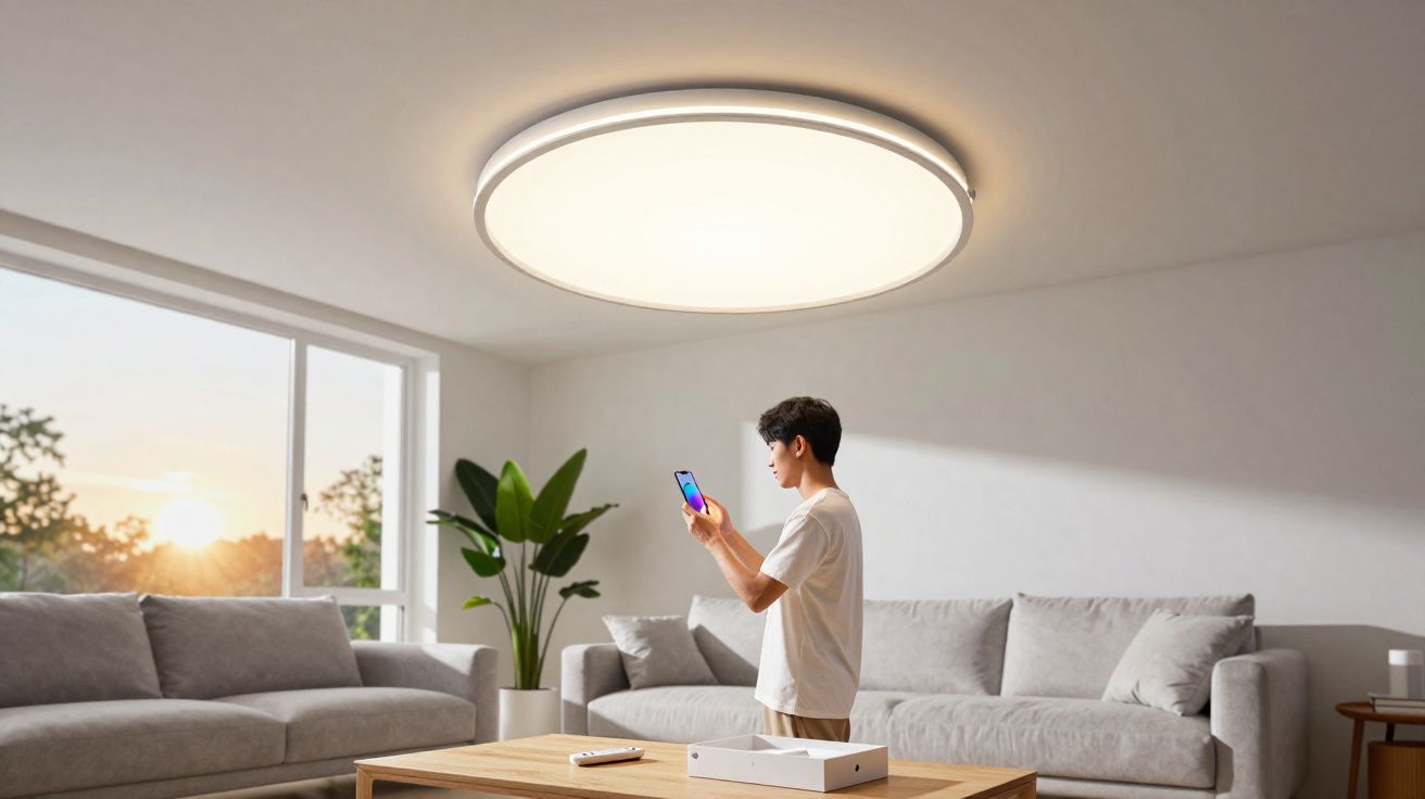 Homem controla luz de teto circular com smartphone em sala de estar moderna ao entardecer.