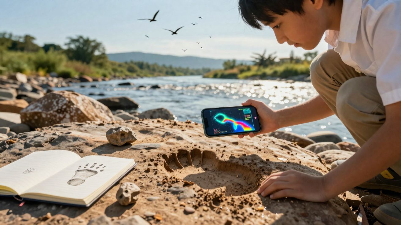 Criança observa pegada fóssil em pedra perto de rio com livro aberto e celular mostrando análise colorida.