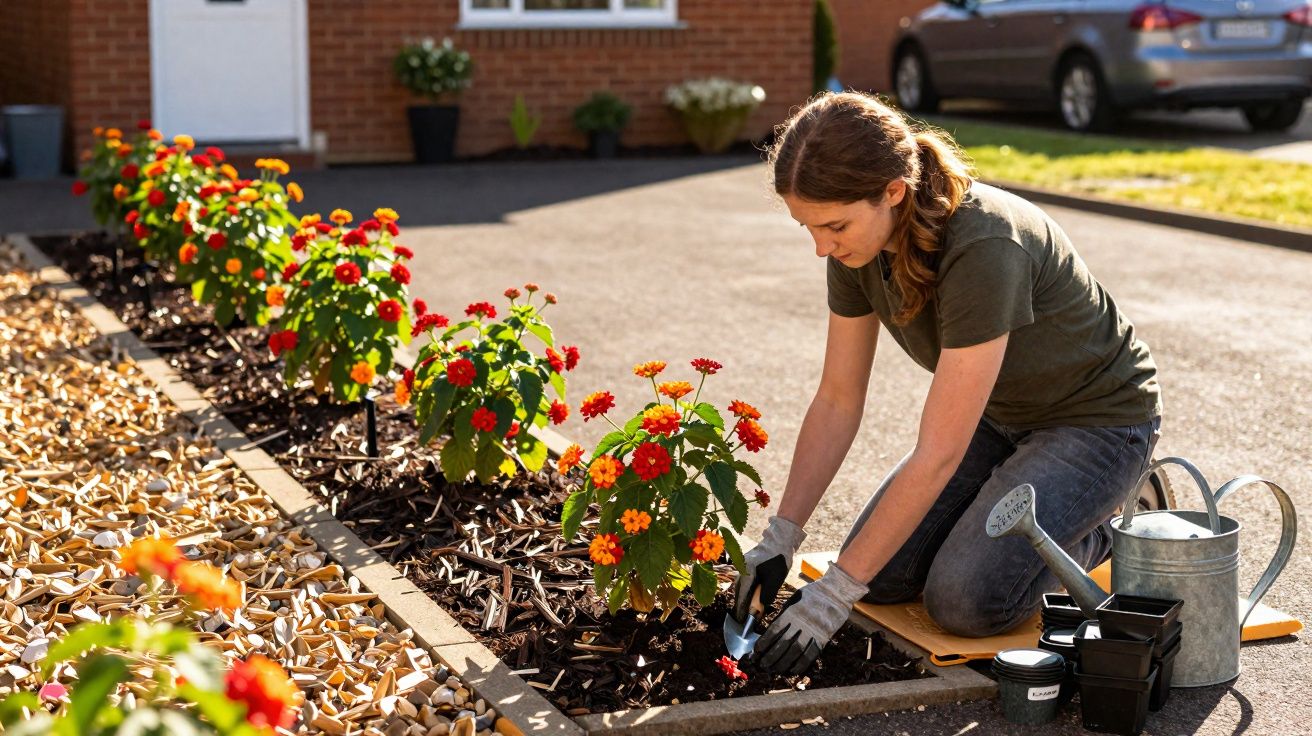 Mulher ajoelhada cuidando de flores vermelhas em canteiro ao ar livre em área residencial.