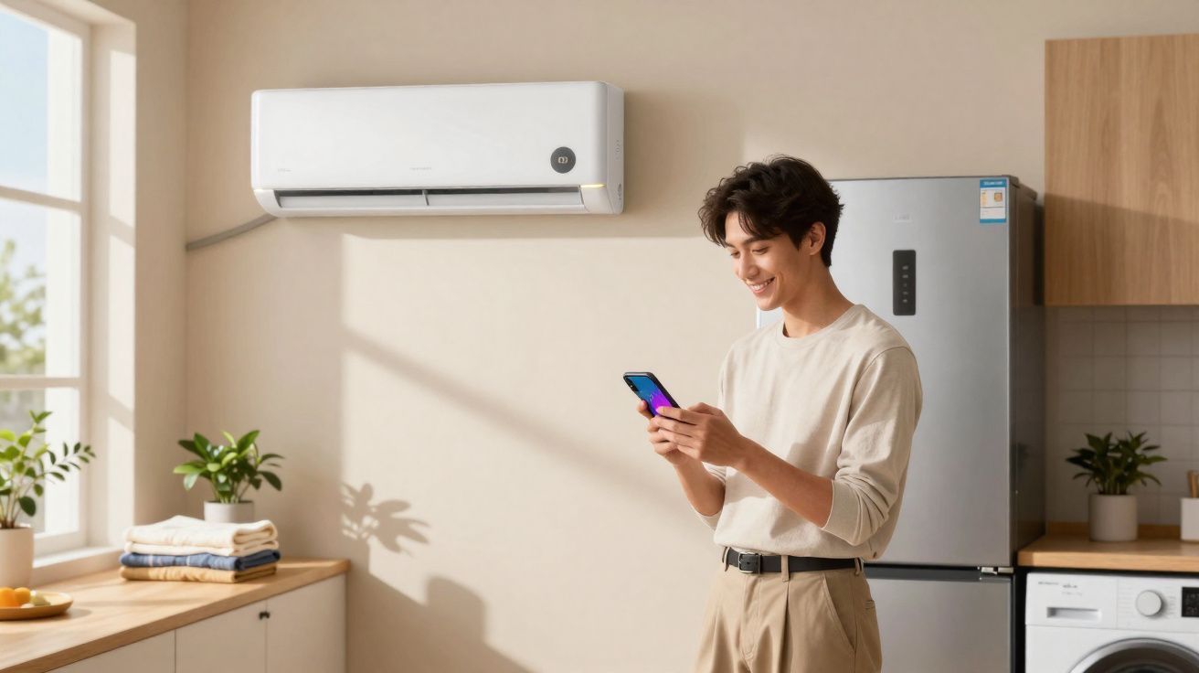 Jovem sorridente usando smartphone em cozinha moderna com ar-condicionado instalado na parede.