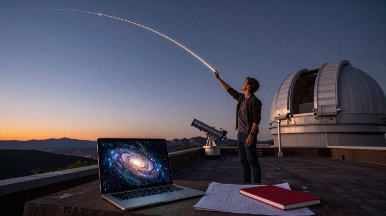 Jovem em observatório noturno apontando para estrela cadente com laptop, telescópio e cadernos na mesa.