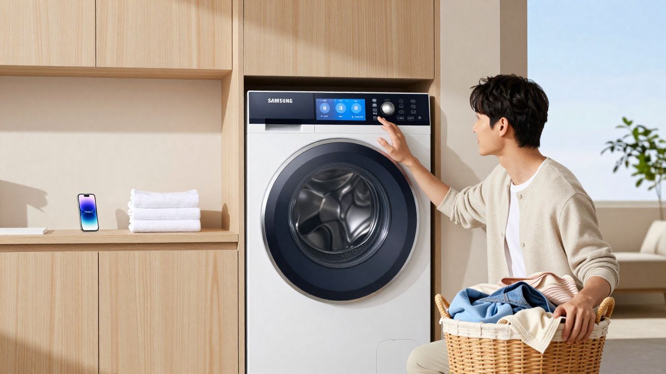 Homem ajusta configurações em lavadora Samsung com cesto de roupas em ambiente moderno de lavanderia.