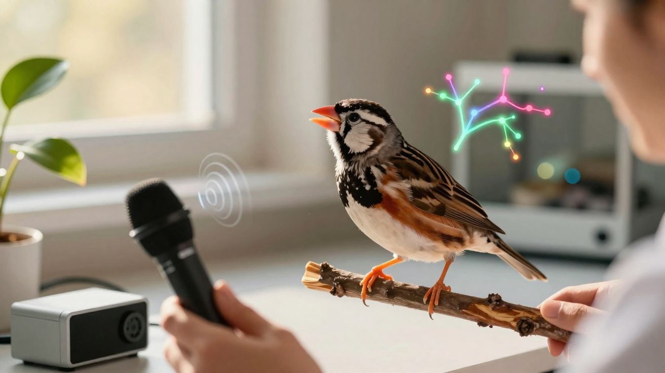 Pássaro posado em galho enquanto pessoa segura microfone próximo, com gráficos coloridos ao fundo.