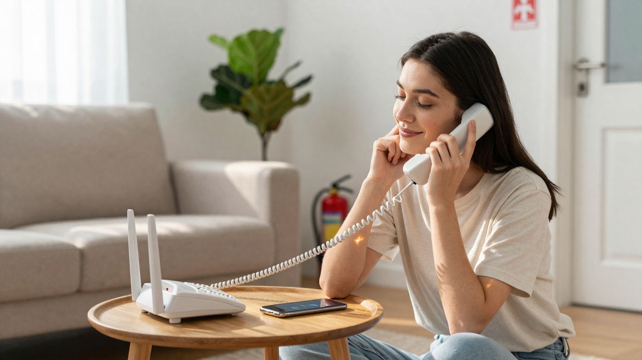 Mulher sorrindo falando ao telefone fixo sentada no chão perto de mesa de centro numa sala iluminada.
