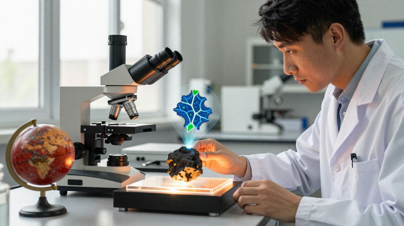 Cientista analisa amostra com imagem digital de célula ao lado de microscópio em laboratório.