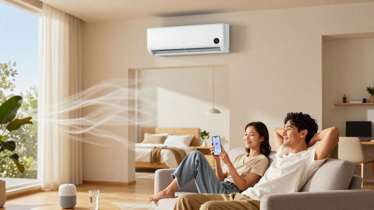 Casal relaxando no sofá em sala climatizada por ar-condicionado, controlado por smartphone.