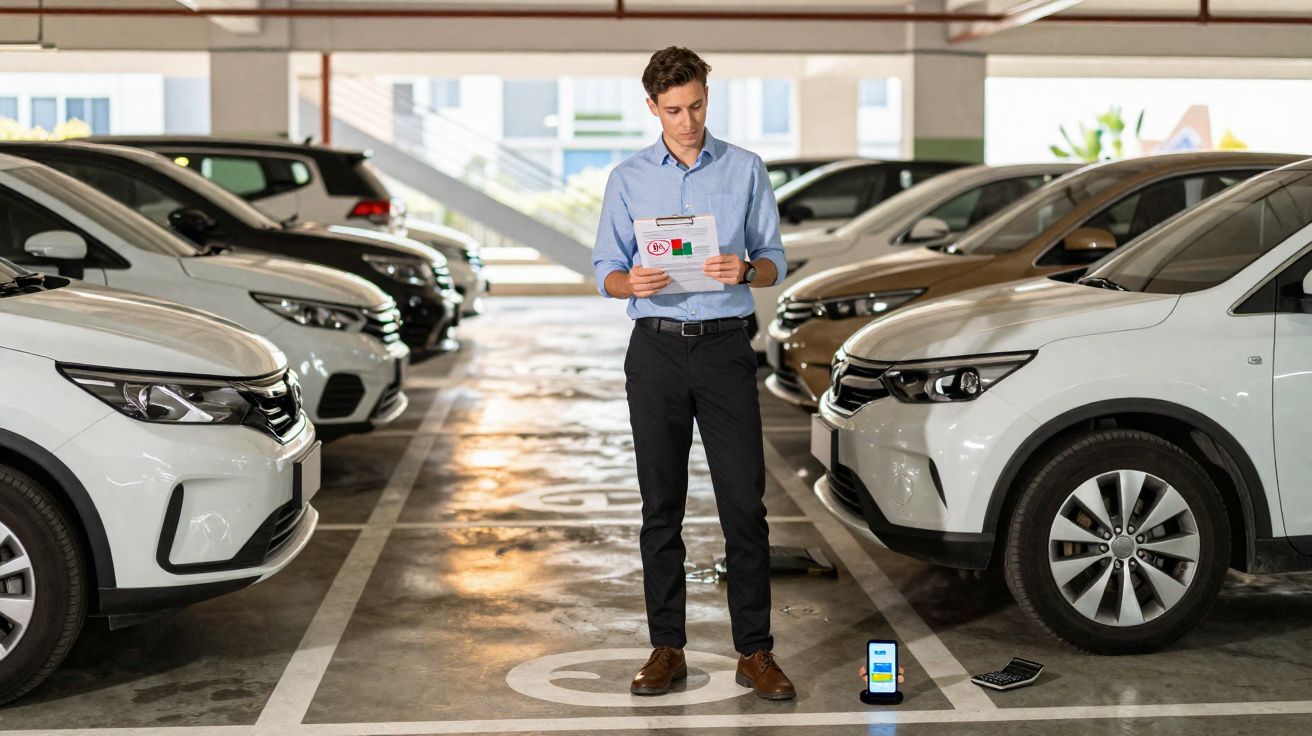 Homem em estacionamento coberto lendo documento sobre carro eletrico ao lado de smartphone e calculadora.