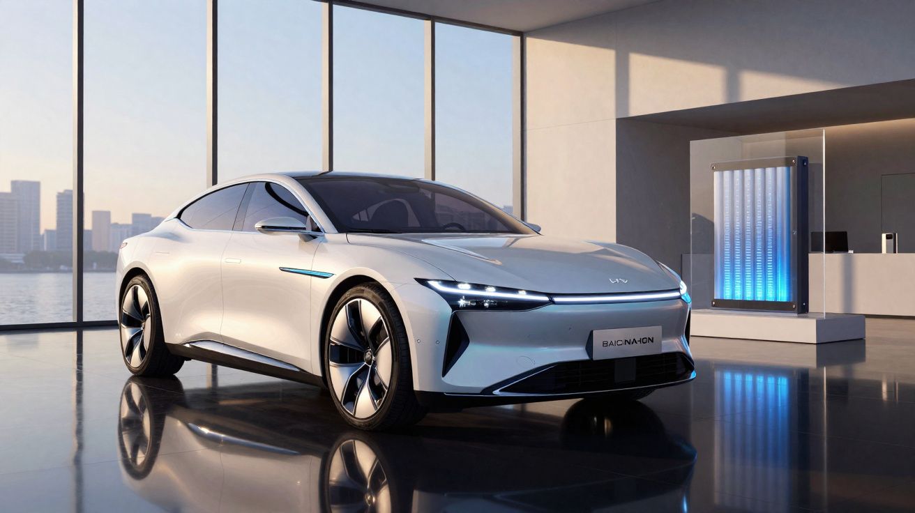 Carro elétrico branco futurista estacionado em sala ampla com janelas grandes e vista para a cidade.