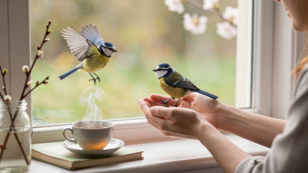 Pássaro pousado nas mãos de uma pessoa perto de janela com xícara de chá quente e outro pássaro voando.