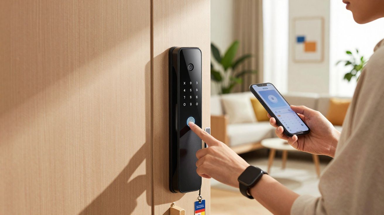 Pessoa usando celular para acionar fechadura digital com leitor biométrico em porta de madeira clara.