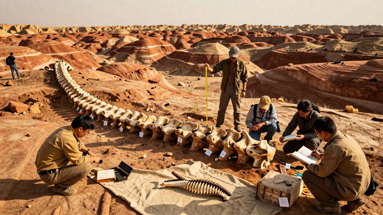 Equipe de paleontólogos escavando e analisando grande fóssil de vértebras em área desértica.