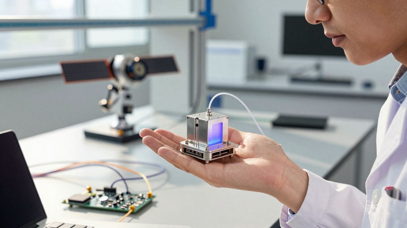 Pesquisador segurando pequeno dispositivo tecnológico com luz azul em laboratório moderno.