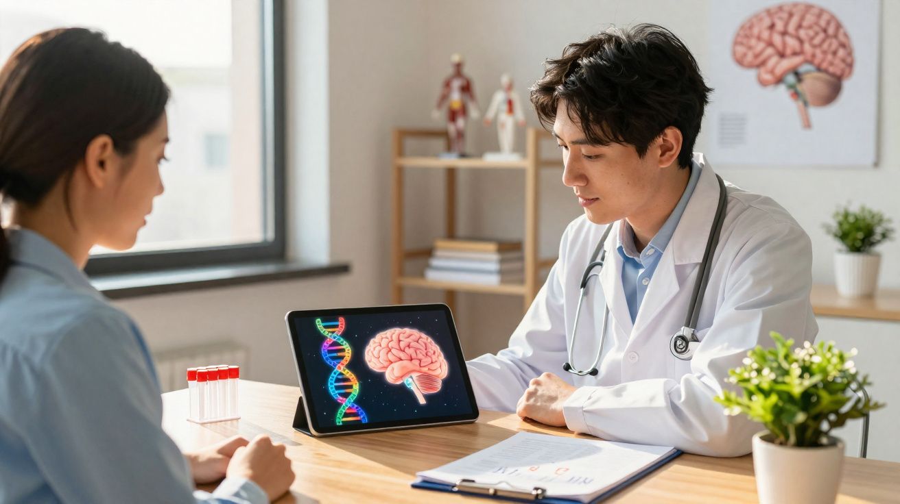 Médico explica exames genéticos para paciente em consultório com imagens de cérebro e DNA na tela do tablet.