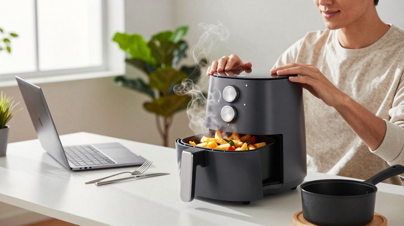 Pessoa abrindo fritadeira elétrica com legumes cozidos e laptop na mesa branca.