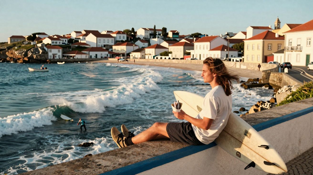 Jovem com prancha de surf sentado em muro, olhando o mar com ondas e casas ao fundo ao entardecer.