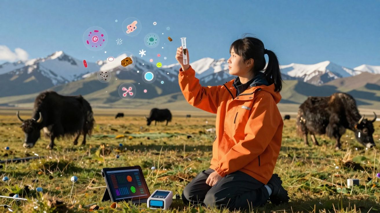 Mulher em campo aberto com vacas ao fundo, analisando amostra com equipamentos científicos e ilustrações digitais.